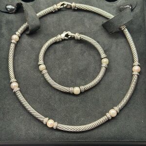 David Yurman Silver Cable Necklace and Bracelet with Ivory Pearls and Diamonds